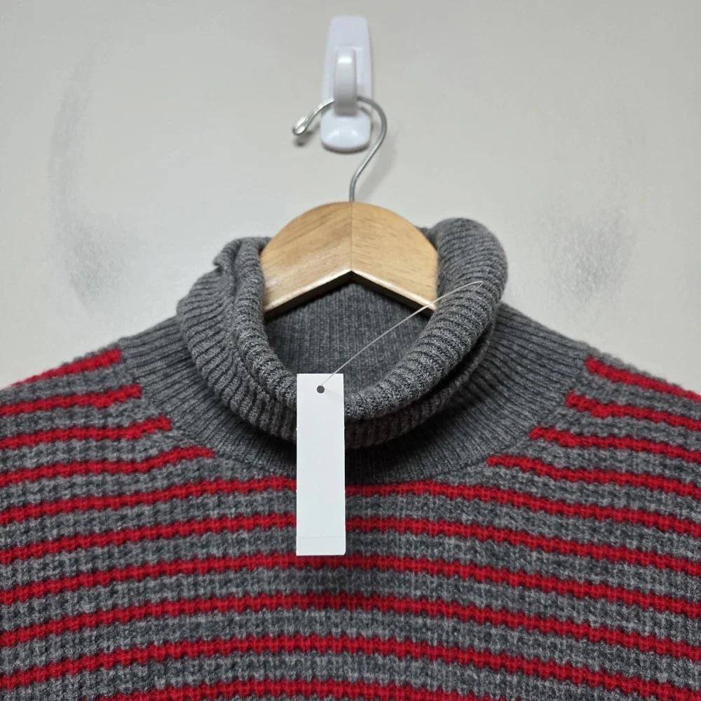 NWT‎ Madewell Red Pine Stripe 100% Wool Waffle Turtleneck Sweater Size XL